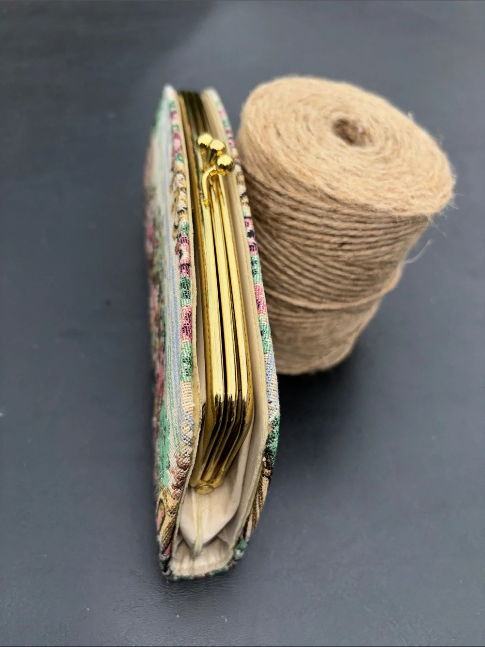 Vintage Tapestry Clutch wallet featuring a classic 18Th-Century Courting Scene